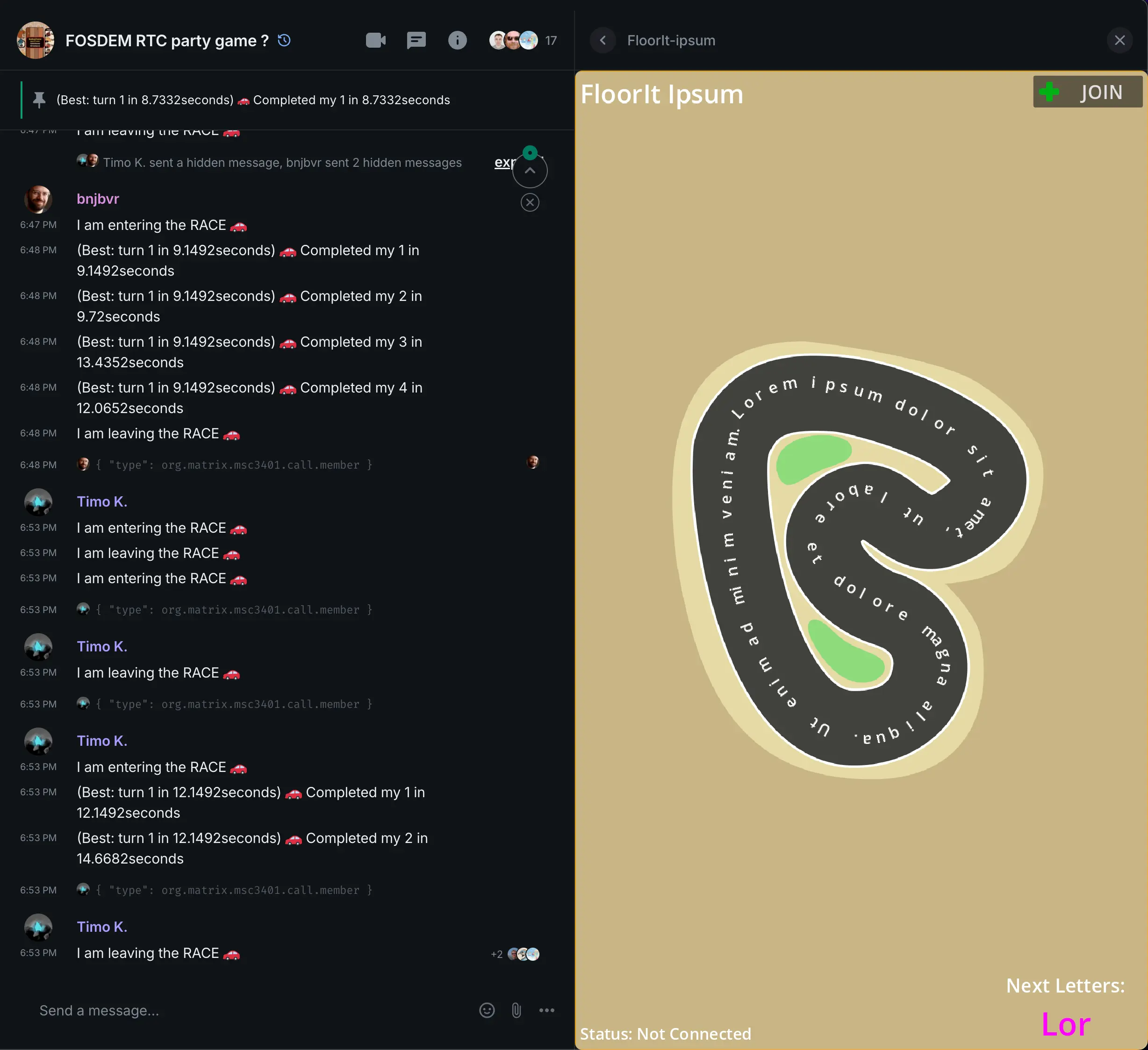 A screenshot from a Matrix based game. It displays a race track seen from above, with Lorem Ipsum text on the track.